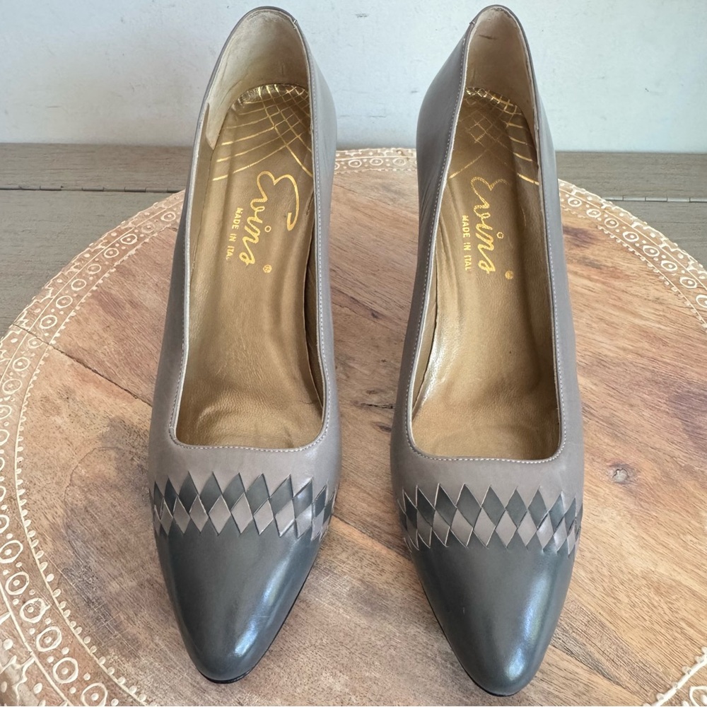 Vintage Evins Two Tone Grey Leather Pumps Office Heels Dressy 8.5 AAA Made Italy
